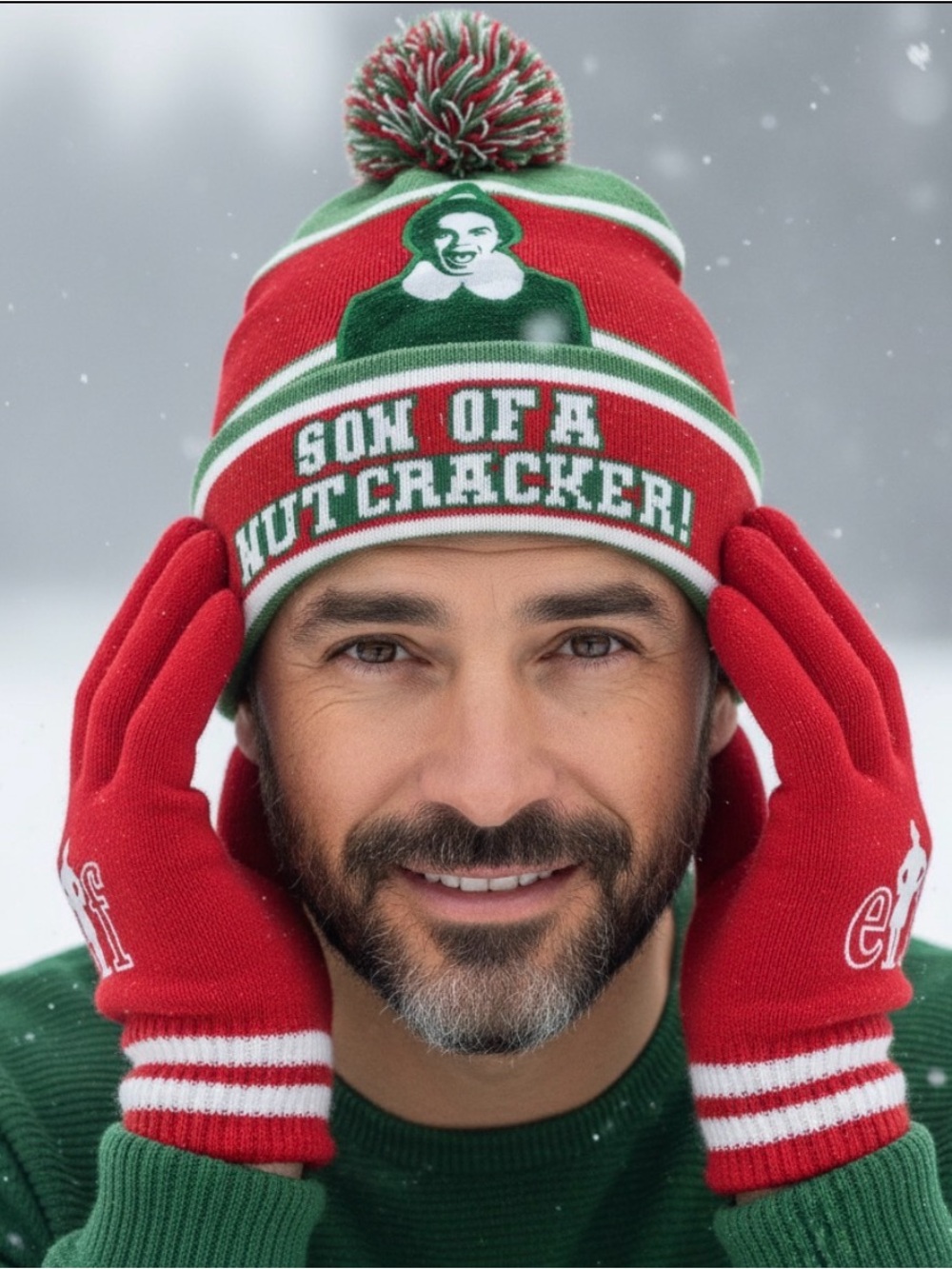 Elf Mens, Womens, Kids Red Holiday Pom-Pom Beanie & Gloves Son of a Nutcracker